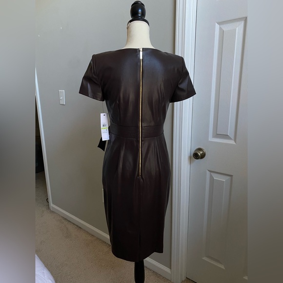 NWT Calvin Klein Belted Faux Leather Sheath Dress - Espresso Brown - Picture 6 of 16